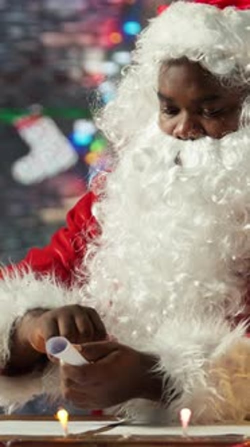 Man dressed as Santa Claus reads Christmas list
