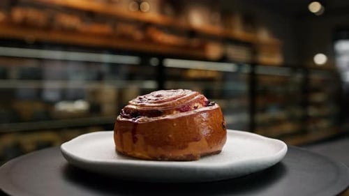 Gros plan, boulangerie - petit pain aux graines de pavot sur une surface rotative