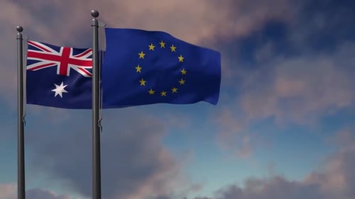 Realistic Australian and European Union Flags Waving Against Cloudy Sky