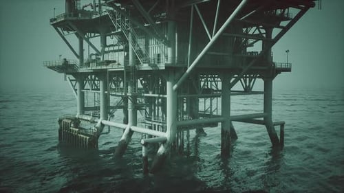 Old Oil Platform Standing in Calm Waters During Overcast Conditions
