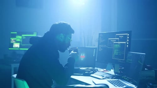 Ein Cybersicherheitsexperte, der sich mit der Analyse von Daten in einer dunklen Umgebung befasst