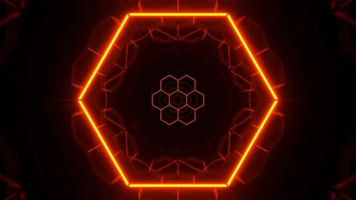 Orange Neon Kaleidoscopic Honeycomb Hexagons In Cyberspace Background Vj Loop In 4K