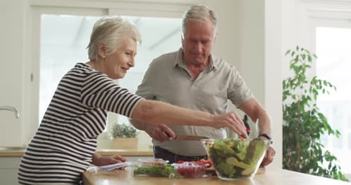 Senior Couple Preparing Healthy Salad in Kitchen