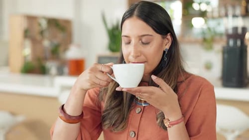 Business woman, relax or drinking coffee in cafe or office break, morning routine