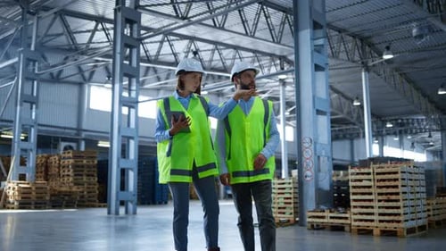 Warehouse Workers Tablet Information Check Collecting Info About Production. Factory Employees In...