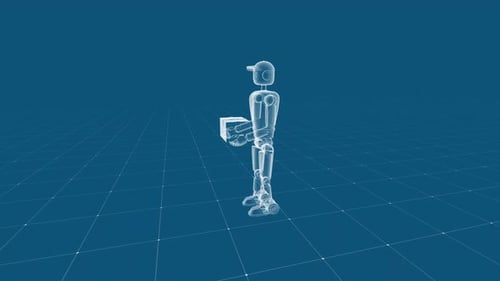 Transparent Robot Delivering A Parcel In A Digital Grid Space