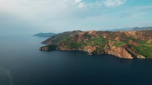Scenic View From Drone on Green Mountains and Blue Sea