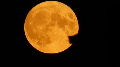 Full orange harvest glowing moon crater surface closeup passing rooftop silhouette skyline