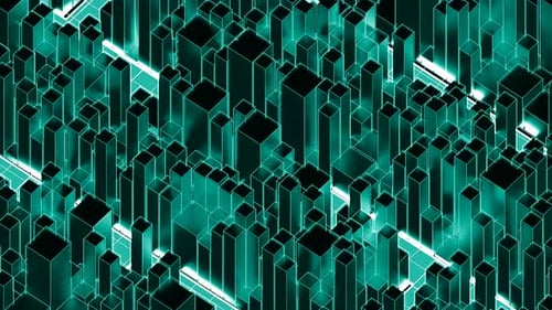 Model of animated city built up in neon turquoise lighting