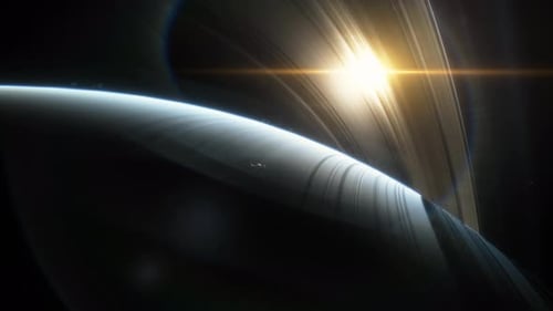Un vaisseau spatial survole l'atmosphère de la planète Saturne, le soleil brille à travers les anneaux