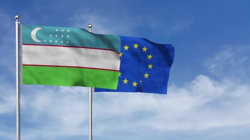 European Union Flag Waving With Flag Of Uzbekistan