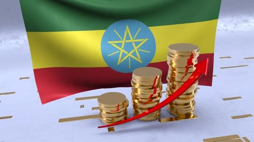 Ethiopia Flag With Gold Coins Tower And Up Arrow