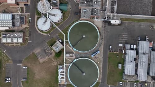 Top down aerial of sewage treatment plant. Facility for municipal water sewer supply.