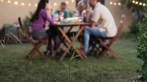 Group of Adult Friends Eating Together at Garden Dinner During Weekend Leisure Time