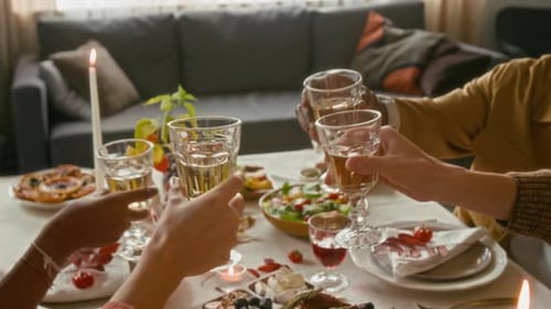 People Toasting with Festive Meal at Home