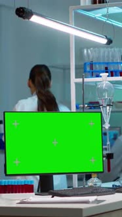 Vertical Video Chemists Working in Background of Lab Using Pc with Green Screen