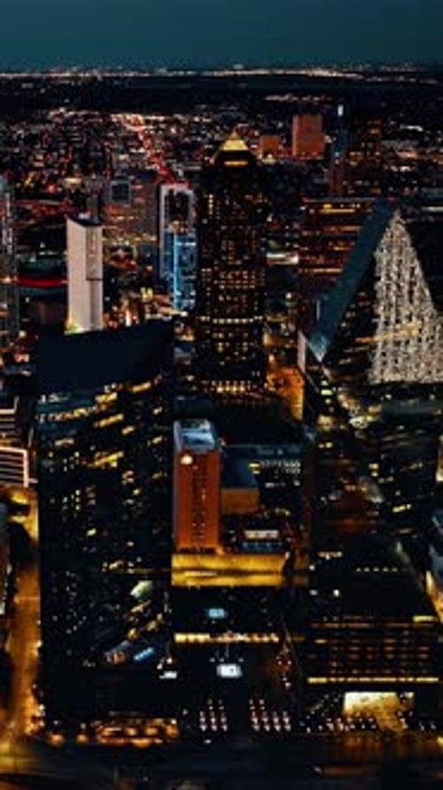 Aerial view of Dallas skyline illuminated at night