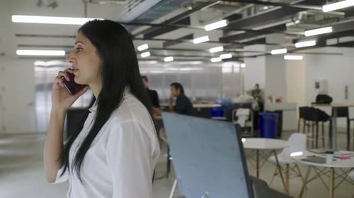 Businesswoman Talking on Smart Phone in Open Plan Office Businesswoman