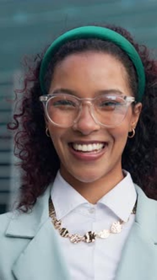 Optometry, face or businesswoman in city with glasses, optical lenses or prescription results