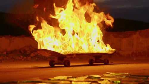 Close-up of a skateboard engulfed in flames