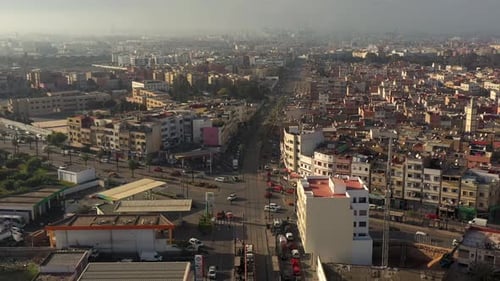Aerial reveal shot of a tramway in casablanca