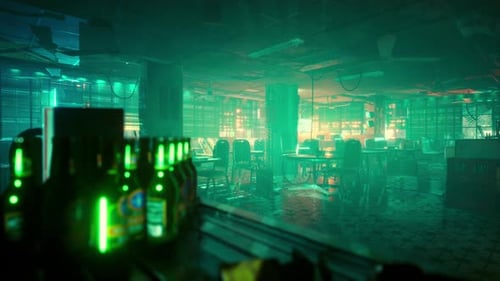 Deserted Asian Bar Glowing with Neon Lights