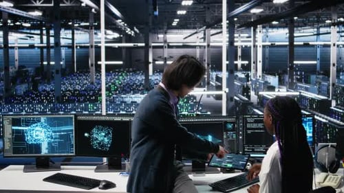 Multiracial Technicians in Diverse Data Center Review AI Diagnostics