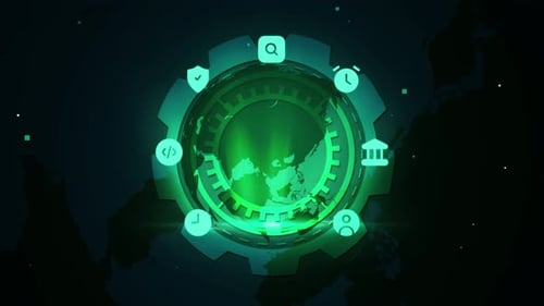 Rotating Digital Globe With Tech Icons In Neon Green