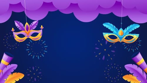 Animated Carnival Background with Festive Masks and Confetti Burst