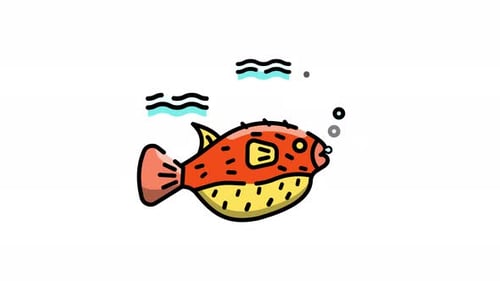 Animated Pufferfish Swimming Icon with Bubbles
