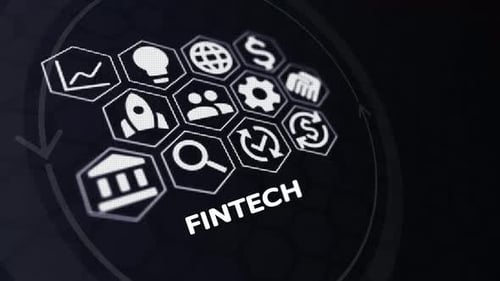 Animated FinTech Business Icons on Digital Honeycomb Grid