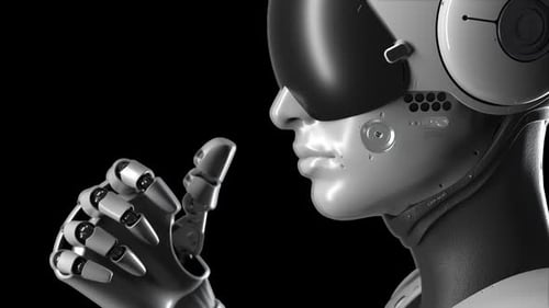 female robot medium framing, side view, robot makes a gesture to come closer. has an alpha channel