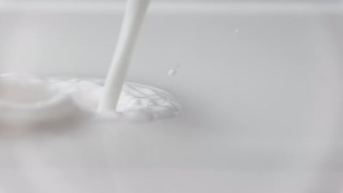 Goutte de lait frais tombant et éclaboussant dans un bassin laiteux déversant du lait au ralenti