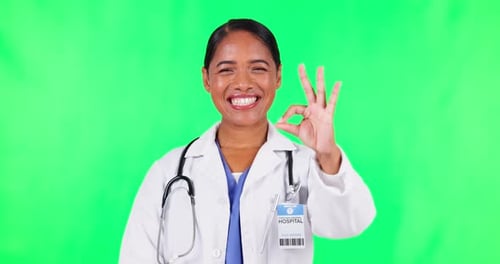 Okay sign, woman and doctor on green screen of healthcare success, support