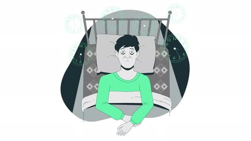 Mann mit Schlafstörungen, der nicht schlafen kann, wenn zu viele Uhren um ihn herum sind Animation 4k