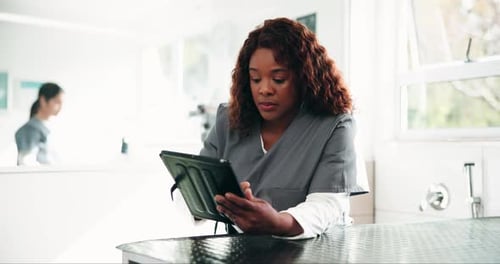 Woman, veterinarian and tablet with report at clinic for animal healthcare services with clipboard