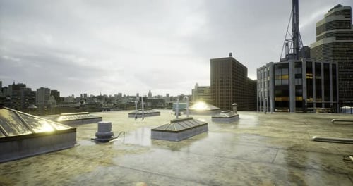 Downtown Rooftop View with City Skyline and Reflective Surfaces at Dusk