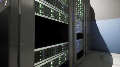 Shot of Corridor in Working Data Center Full of Rack Servers and Supercomputers
