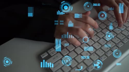 Hands Typing Keyboard with Technology Interface Overlay