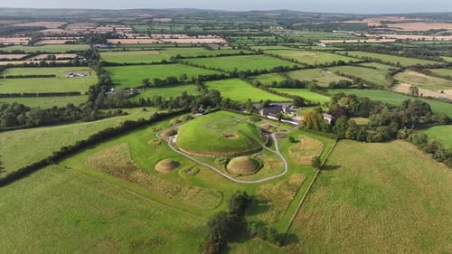 Knowth, Ireland. Aerial view of historical landmark and Irish rural green landscape.