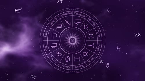 Zodiac horoscope astrology signs circle rotating on purple abstract background.
