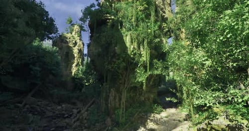 Serene Landscape with Lush Green Foliage and Rugged Rock Formations in Daylight