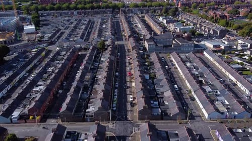 Aerial Fly-by of Symmetrical Row Houses in Dublin, Ireland