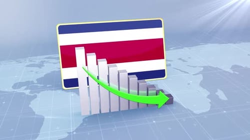 Costa Rica Flag With Decrease Bar Chart Graph And Arrow Green