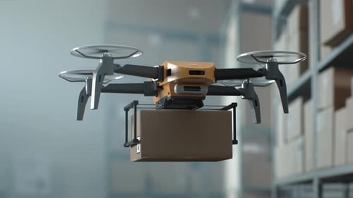 Logistik-Distributionszentrum UAV-Drohne, die Kartonverpackung transportiert und liefert