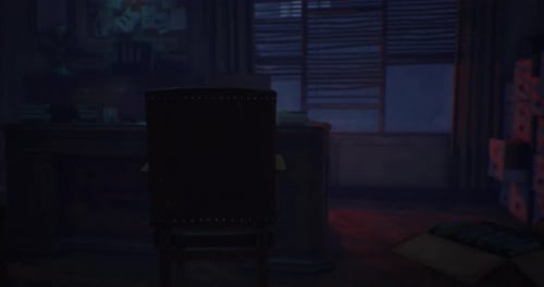 Mysterious Dimly Lit Office with Scattered Papers and a Lone Chair