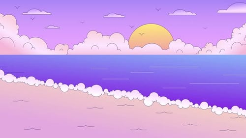 Modern Animated Beach Sunset with Ocean Waves and Clouds