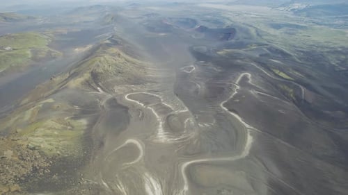 Aerial view of a volcanic desert valley landscape, Iceland.