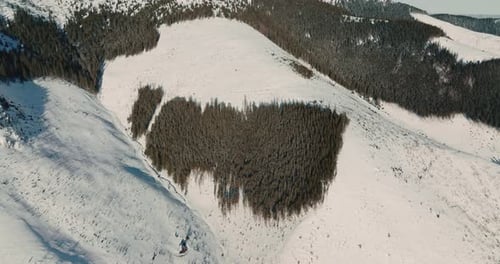 Drone Flies High Above Patches of Evergreen Forest on Snow Covered Mountains with Cold Frozen Winter