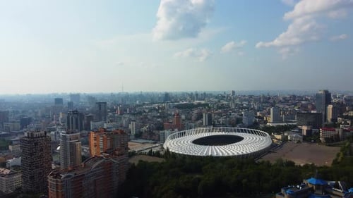 Flying towards the Olympic stadium located in Kyiv city center on Olimpiysky street. Ukraine Aerial